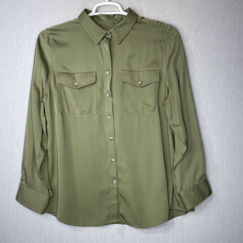 Chico's Top Shirt Blouse SZ 3 Button Down Solid Olive Military Green Long Sleeve